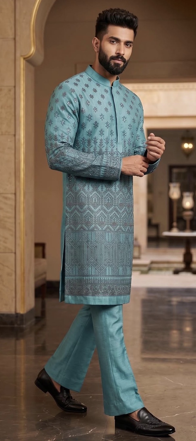 Teal embroidered men's kurta set