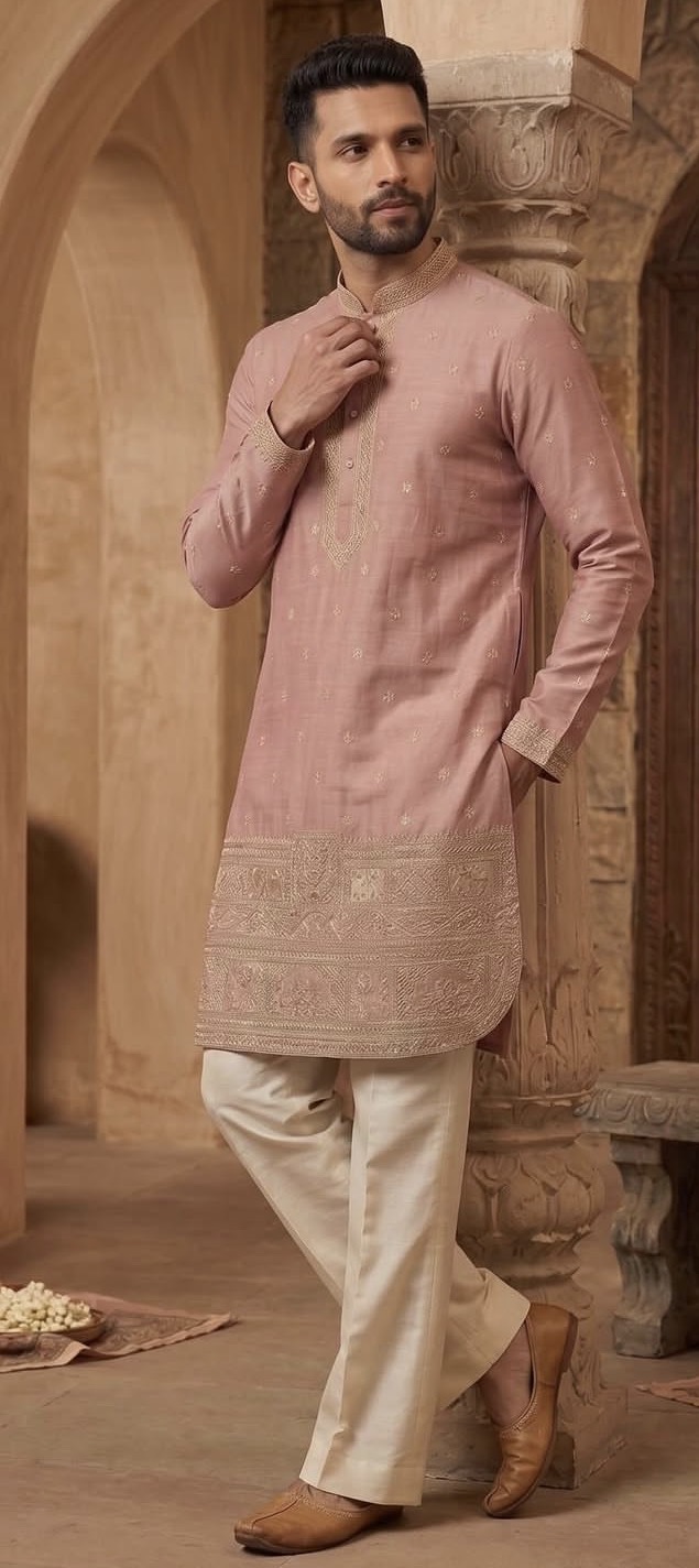 Blush pink embroidered men's kurta set