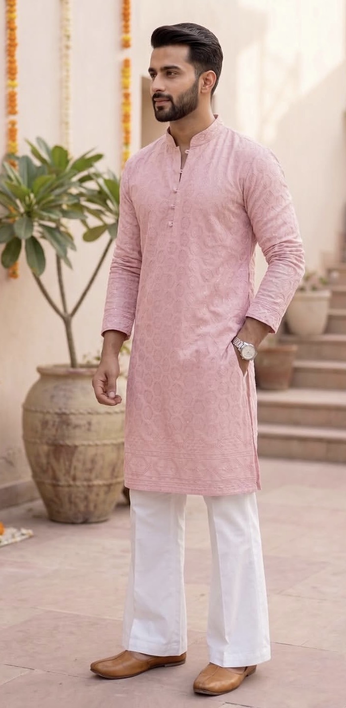Dusty rose embroidered men's kurta